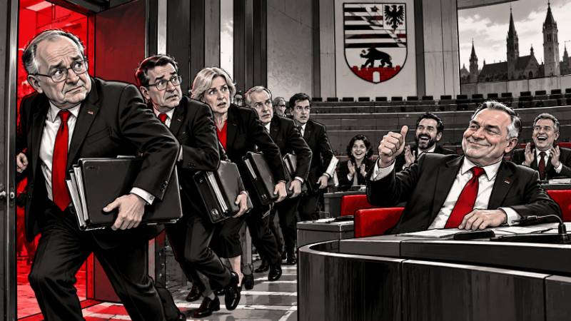 Satirische Karikatur im Real-Comic-Style: Eine Gruppe besorgt dreinblickender CDU-Politiker, angeführt von einem älteren Mann mit Brille, flüchtet mit Aktenordnern durch eine rot beleuchtete Tür aus dem Landtag von Sachsen-Anhalt.