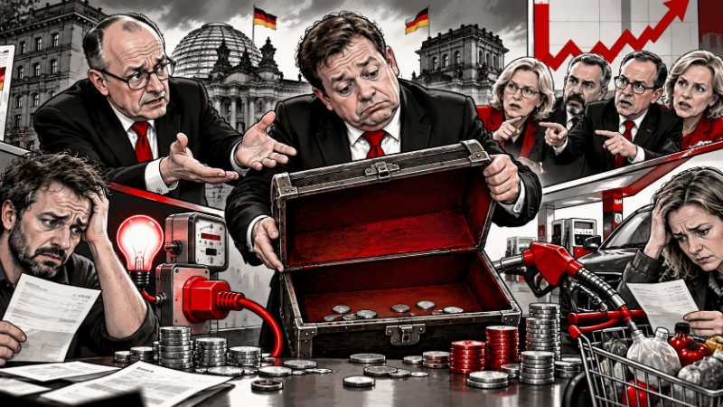 Satirische Karikatur: Klingbeil zeigt eine leere Staatskasse, während Politiker streiten und Bürger unter hohen Kosten leiden.