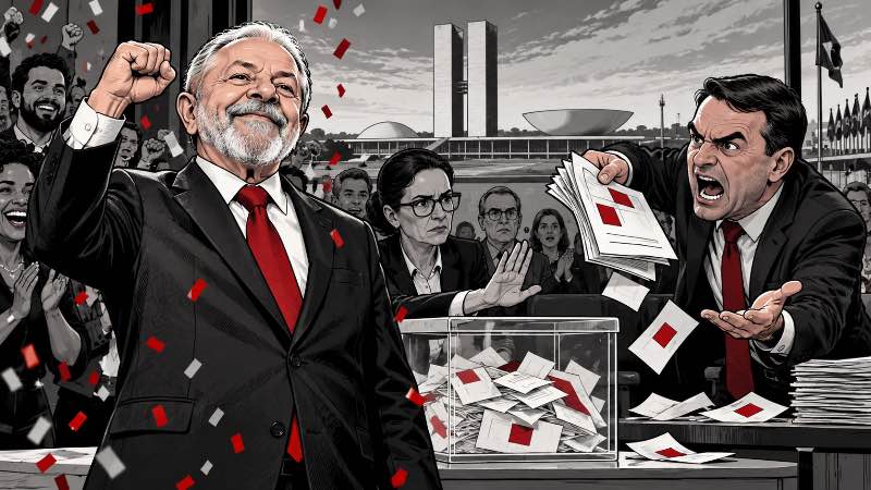 Satirische Karikatur: Lula feiert seinen Wahlsieg, während Flávio Bolsonaro wütend mit Wahlunterlagen protestiert.