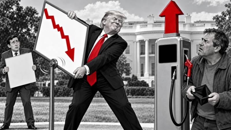 Satirische Comiczeichnung in Schwarz-Weiß mit roten Akzenten: Donald Trump dreht grinsend eine Tafel mit steil fallendem Pfeil. Neben ihm steht eine Zapfsäule mit großem Aufwärtspfeil, vor der ein besorgter Autofahrer sein leeres Portemonnaie zeigt.