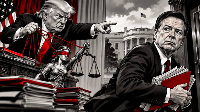 Satirische Karikatur: Trump zieht Justitia an roten Marionettenfäden, während James Comey mit Akten flieht.