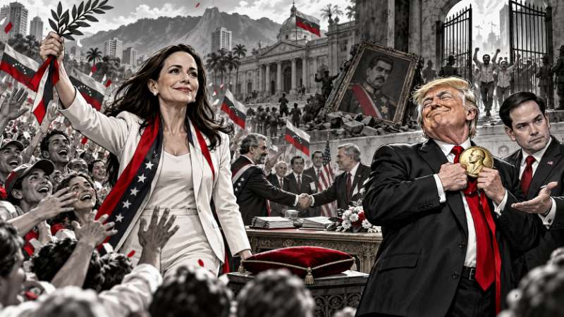Satirische Karikatur: Machado feiert ihre Rückkehr nach Venezuela, während Trump stolz ihre Nobelpreis-Medaille umklammert.