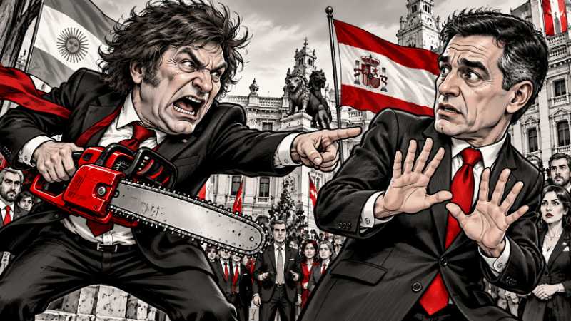 atirische Karikatur im Real-Comic-Style: Argentiniens Präsident Javier Milei schreit wütend und zeigt mit ausgestrecktem Finger auf Spaniens Regierungschef Pedro Sánchez, während er eine rote Kettensäge hält. Sánchez weicht erschrocken zurück.