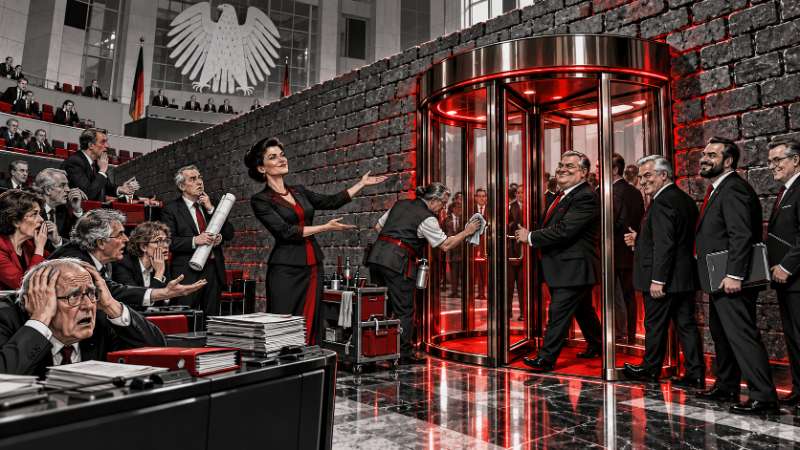 Grafik: Brandmauer mit Drehtür - Willkommen beim BSW
