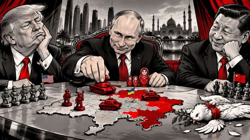 Satirische Illustration im Real-Comic-Style: Wladimir Putin verschiebt grinsend rote Spielzeugpanzer auf einer Ukraine-Landkarte, während Donald Trump gelangweilt und Xi Jinping schmunzelnd zuschauen. Im Vordergrund liegt eine verletzte Friedenstaube.