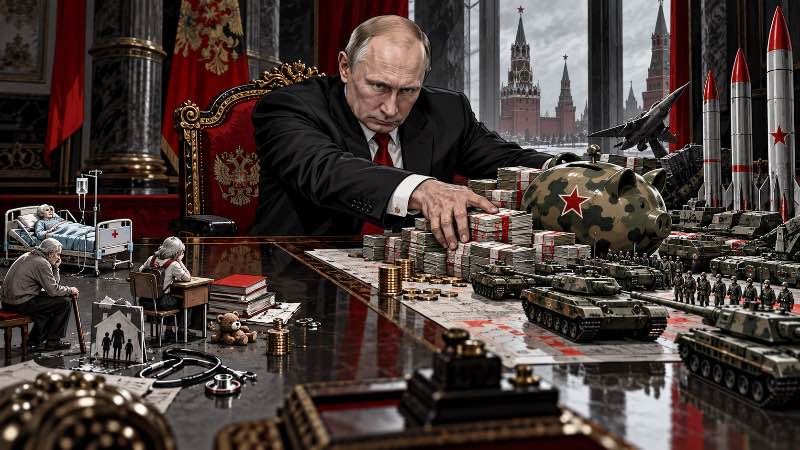 Grafik: Putins Sparschwein bekommt einen Tarnanstrich