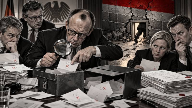 Satirische Karikatur: CDU-Politiker untersuchen misstrauisch geheime Stimmzettel, während ein Abgeordneter durch die Brandmauer flieht.