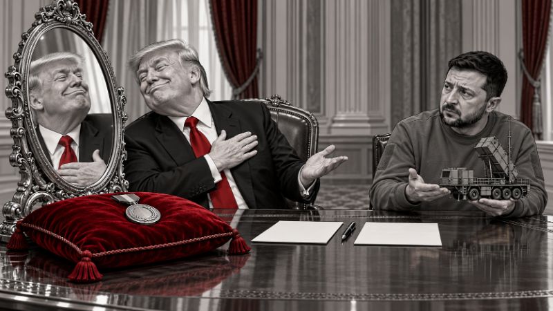 atirische Comiczeichnung in Schwarz-Weiß mit roten Akzenten: Donald Trump bewundert selbstzufrieden sein Spiegelbild, eine Hand auf der Brust.
